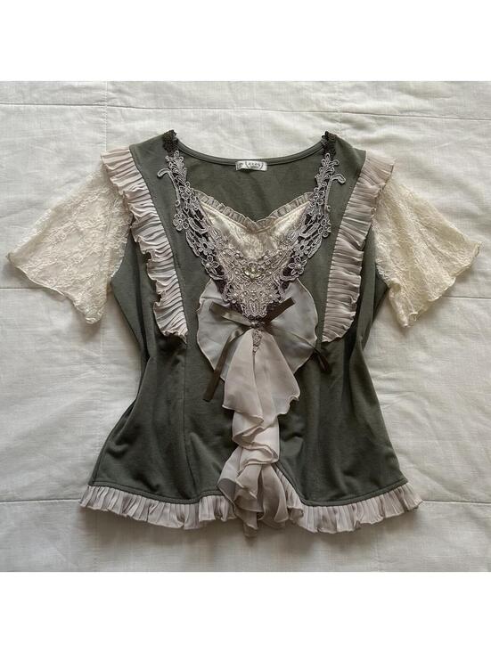 Axes Femme Tops - Axes Femme Olive Green Lace Flutter Sleeve Pearl Ribbon Bow Blouse Medium Japan